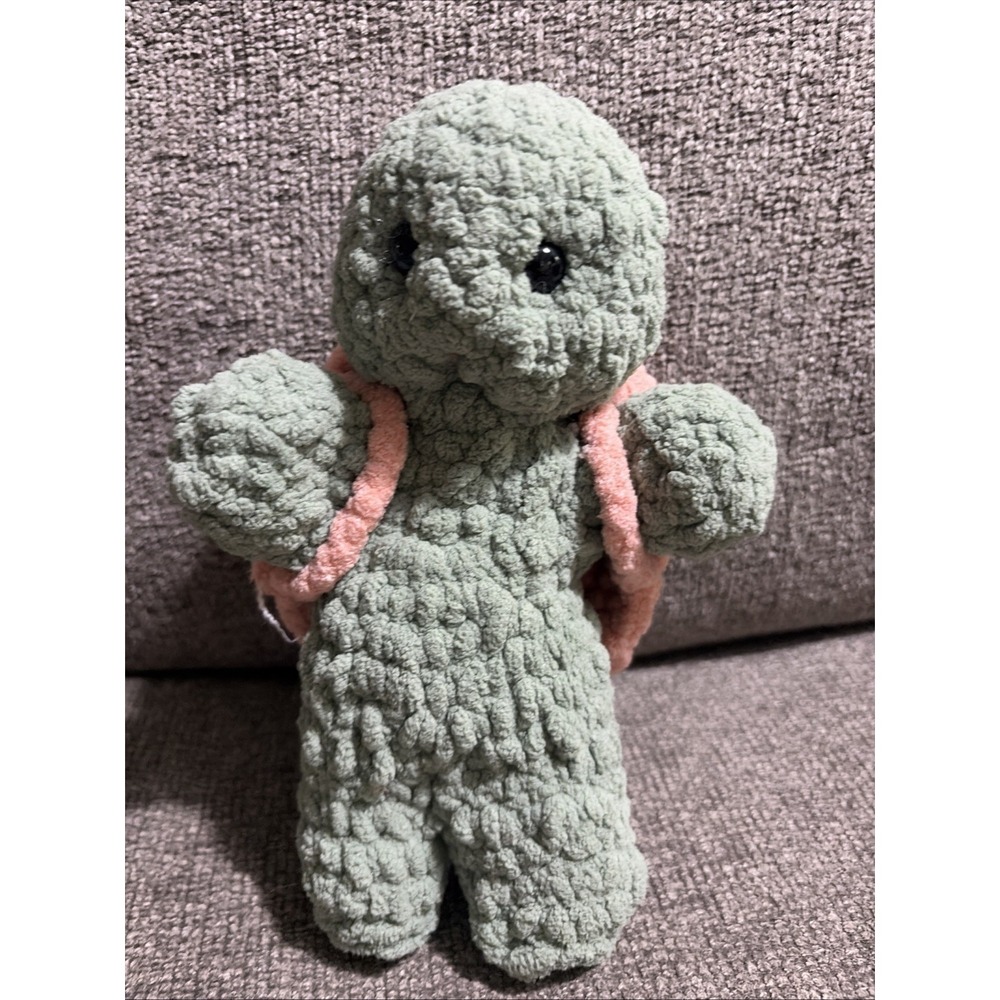 Amigurumi Crocheted Plush Green Turtle With Removable Pink Shell Backpack 8"
